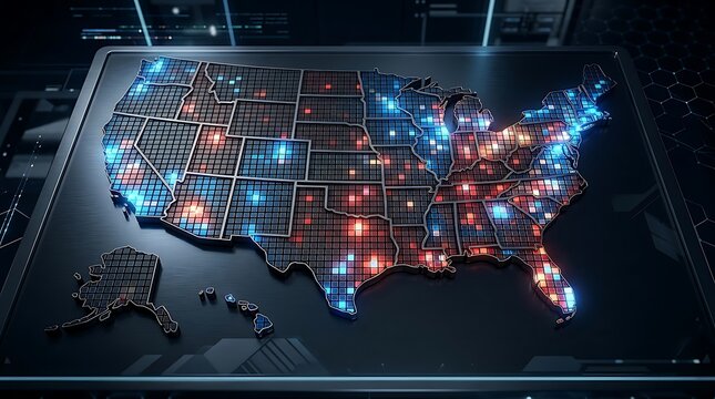 Futuristic holographic map of the United States with glowing data points and digital grid