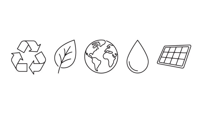 Minimalist ecology icon set, sustainable energy line art symbols, 5 eco friendly vector elements for green business branding and environmental awareness