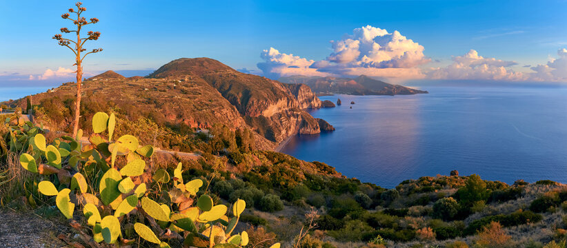 Panoramic view from Belvedere Quattrocchi on Lipari island looking towards Vulcano Sicily Italy