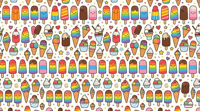 Cute seamless pattern with colorful kawaii ice cream and popsicles