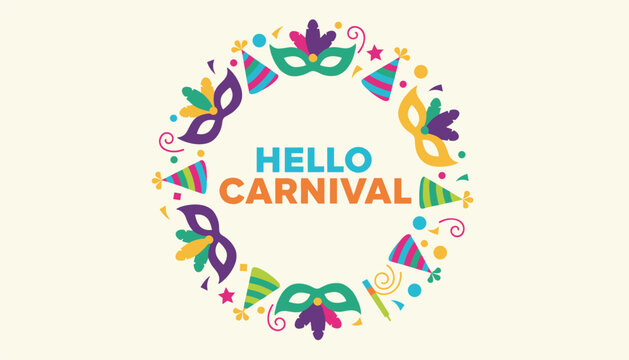 Colorful hello carnival card layout featuring a round frame made of masquerade masks, party hats, and confetti.