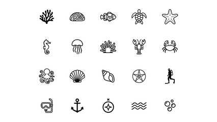Collection of Black Line Icons Featuring Marine Life Sea Creatures and Underwater Adventure Symbols with Transparent Background © Nancy