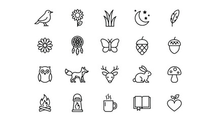 Collection of minimal line icons featuring nature elements animals and symbols with transparent background © Nancy