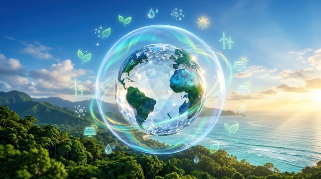 Crystal Earth Surrounded by Renewable Energy Symbols and Lush Nature planet world