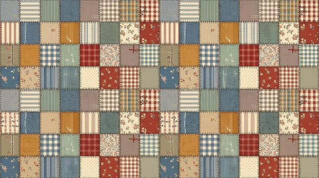 Seamless vintage patchwork quilt pattern with rustic fabric scraps