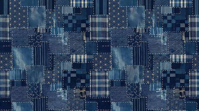 Indigo blue japanese patchwork with traditional sashiko patterns