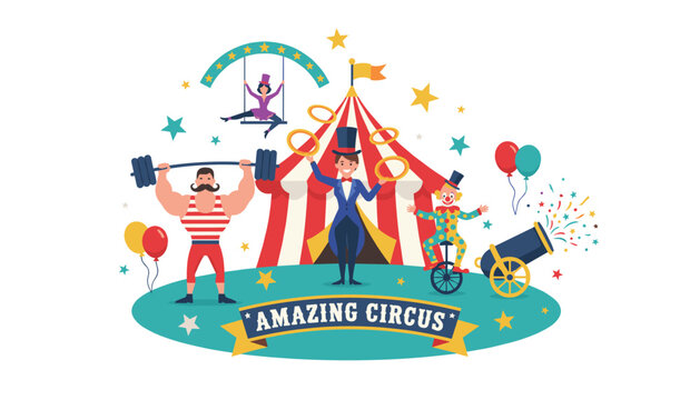 Spectacular circus performance featuring a brave ringmaster, a strongman lifting weights, an aerialist, and a funny clown.