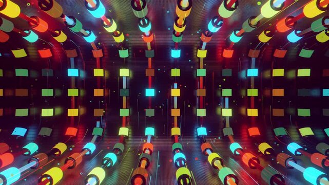 Hypnotic seamless loop of a futuristic geometric array. Abstract digital system made of rotating cylinders, crystalline lattices and textured metal grids, creating deep abstract background.