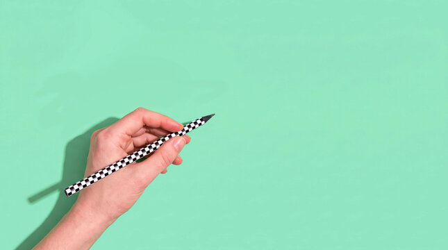 Hand holding black and white checkered pencil against green background