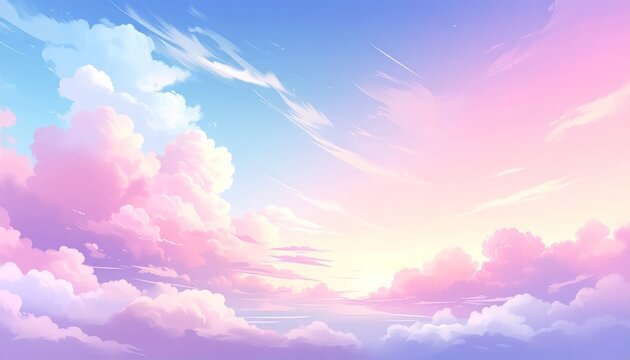 Dreamy Pastel Sky with Fluffy Clouds at Sunset.