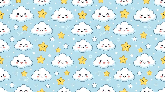 Cute seamless pattern of kawaii clouds and stars on blue background