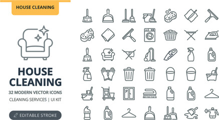 Fototapeta premium House Cleaning Service Line Icon Set Featuring Household Sanitation Equipment Maintenance and Domestic Care Symbols