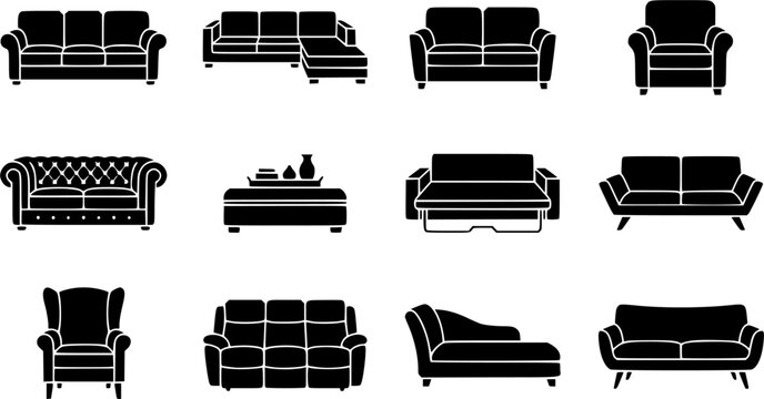 Sofa & Living Room silhouette icon set, flat black glyph style, pure white background