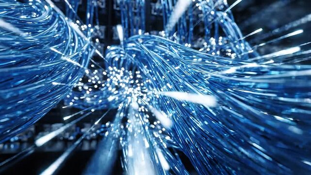 Fiber optic cables transmitting high speed data in a dark server room, 3D animation of glowing blue light pulses moving through network infrastructure