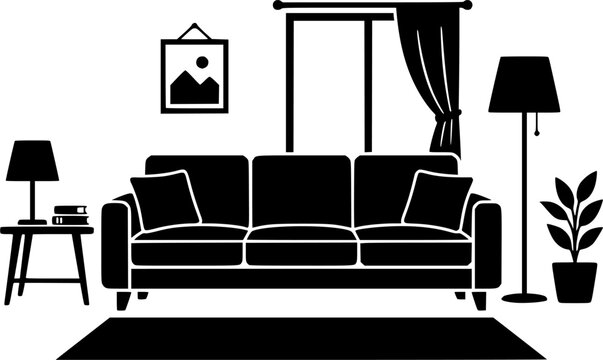 Sofa & Living Room silhouette icon set, flat black glyph style, pure white background