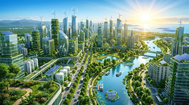Sustainable Futuristic Cityscape with Green Buildings Wind Turbines and Waterways sustainable city eco-friendly