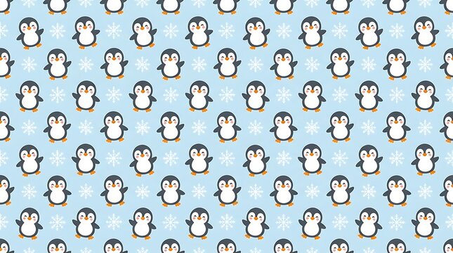 Cute penguin and snowflake seamless pattern on light blue background