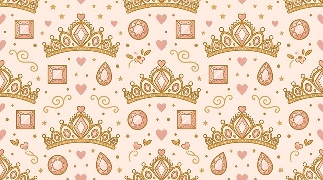 Seamless pattern with golden crowns and sparkling pink gems