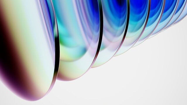 Optical glass elements of lens system showing colorful light refraction and dispersion on a white background