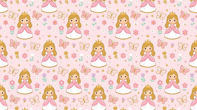 Little princess seamless pattern with butterflies and flowers
