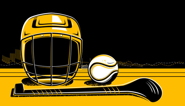 The equipment for hurling sport. Vector wooden stick, helmet, a leather ball.
