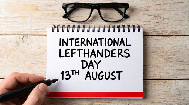 Hand writing international left handers day on a chalkboard with glasses