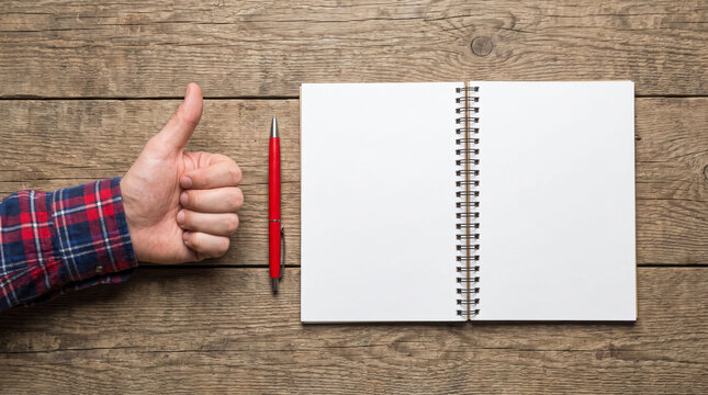 Person holding red pencil over spiral notebook