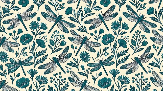 Seamless floral pattern with dragonflies and teal blossoms