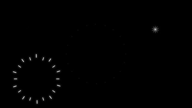 Celebration circle burst firework animation with white glowing lines, flat vector explosion effects, motion graphics on black background 4K.