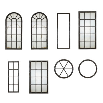 Eight diverse industrial metal window frames, dark weathered iron and steel with patina and rust, some with aged glass, on a transparent studio background, raw craftsmanship aesthetic