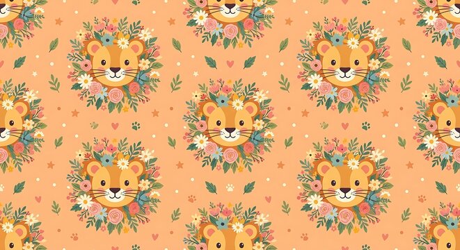 Cute lion faces in floral wreaths seamless pattern