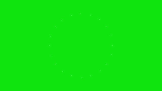 Fireworks explosion blast with glowing circle bursting, vibrant ellipse spark effects, flat vector motion graphics on seamless green background. 4K