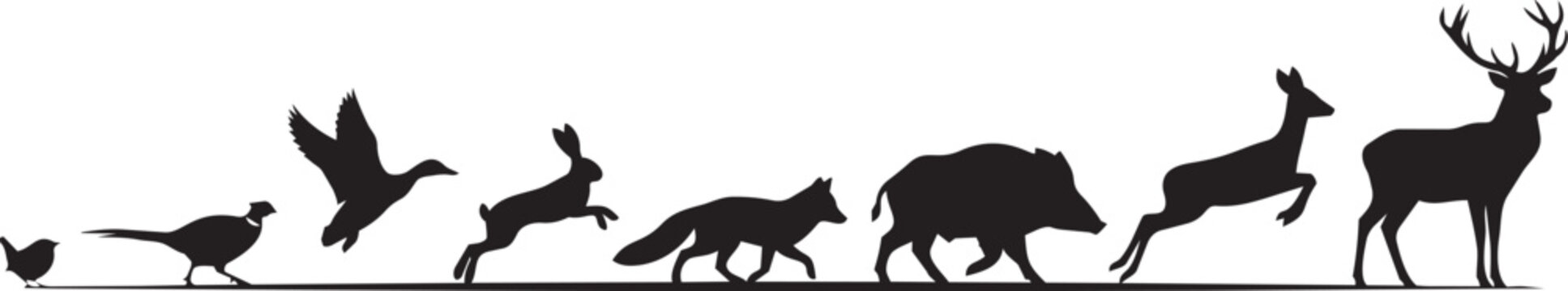 Black silhouettes of various forest animals including deer pheasant fox rabbit and wild boar arranged in a long horizontal row