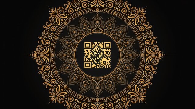 Gold QR Code in Center of Intricate Golden Mandala Pattern on Black Background