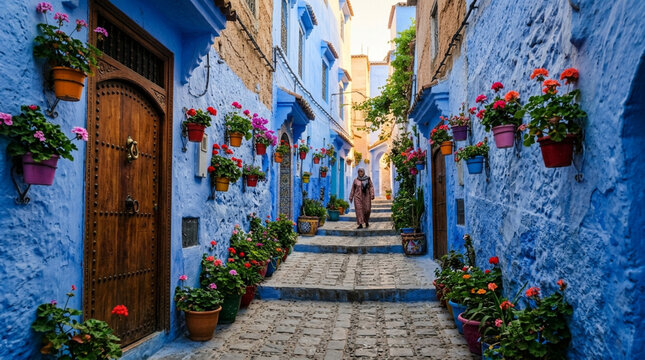 Exploring a vibrant blue-painted alleyway adorned with colorful potted flowers, revealing the unique charm and architectural beauty of a historic city's winding streets