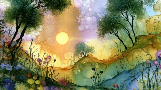 Alcohol ink painting of a sun rising over a beautiful flower meadow digital landscape art with vibrant green trees and yellow sunset clouds magical field of wildflowers artistic background