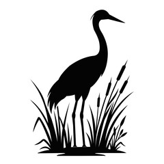 Obraz premium Elegant Heron Bird Standing in Reeds Silhouette Vector. Resizable and Editable. EPS, 10.