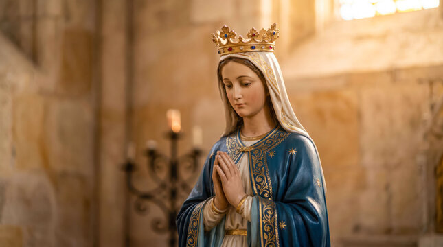Statue of virgin mary with crown and prayerful pose