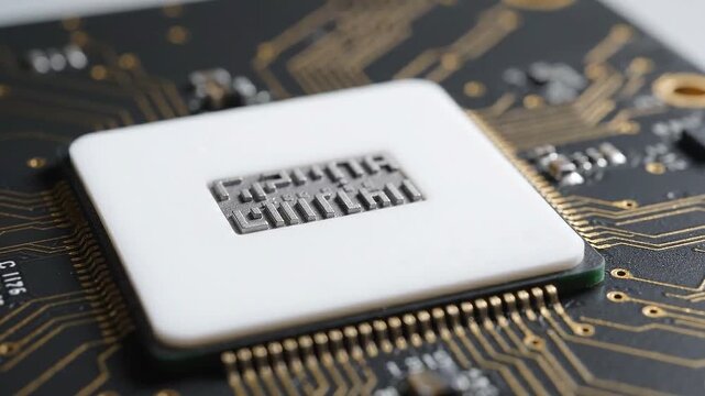 Macro view of a computer processor chip mounted on a black circuit board, highlighting electronic hardware components and gold circuitry