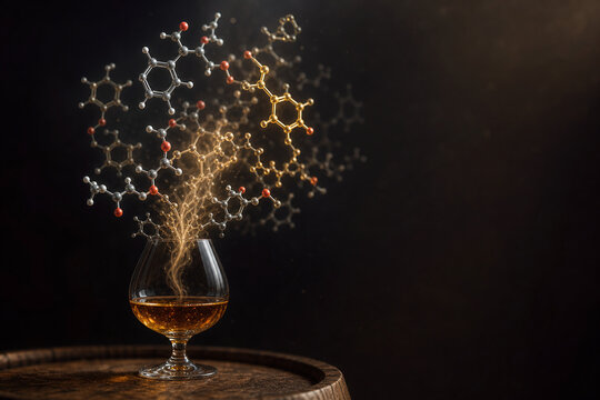 Glowing molecular bouquet above aged spirit glass