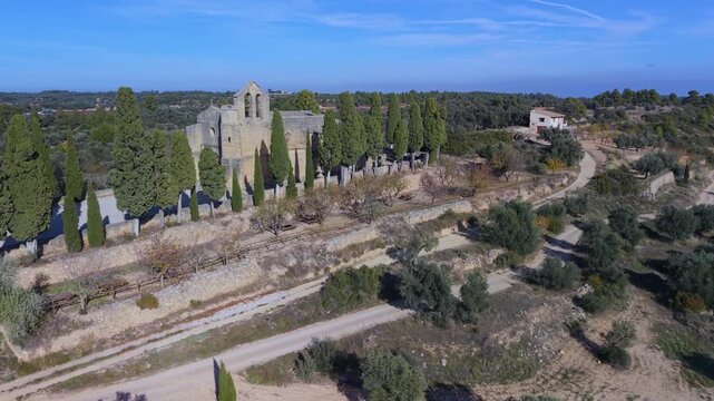 Aerial view from a drone of the Hermitage of Mercy in Cretas in the Matarra&ntilde;a region, Teruel Province, Aragon Autonomous Community, Spain, Europe