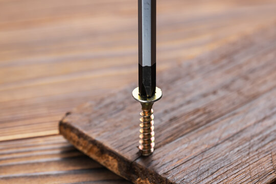 Screwdriver on the screw, screw screwed into timber wood, screw on wooden top table. Close-up, selective focus