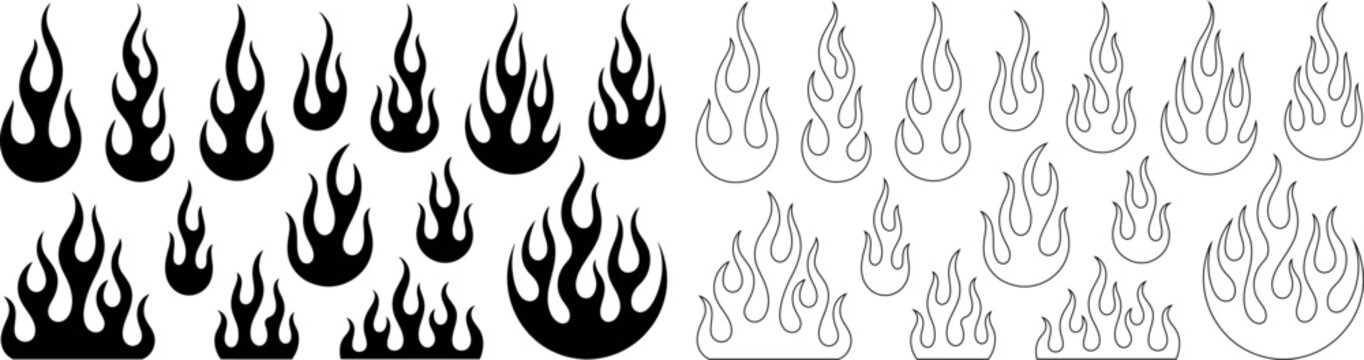 Collection of black flame silhouettes and outline drawings representing fire elements