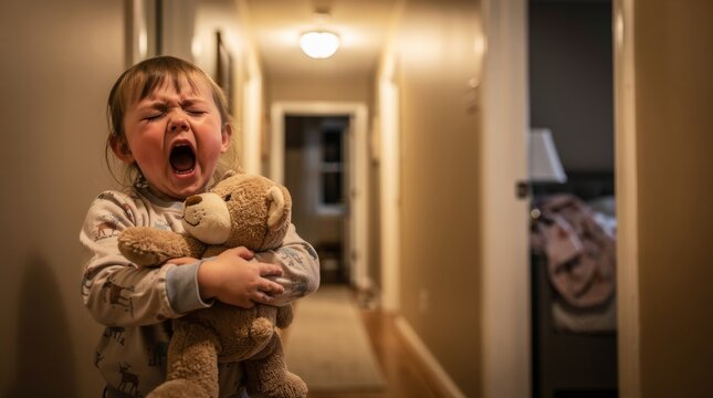 Distressed toddler crying holding a teddy bear indoors