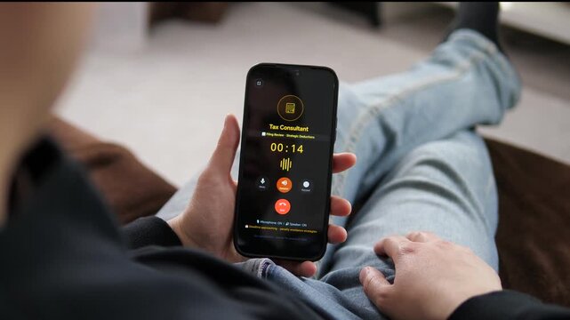 A user comfortably manages their financial affairs through a mobile consultation with a tax expert. The progressive timer illustrates a real-time conversation about filing reviews