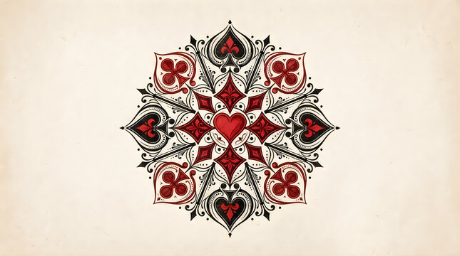 Decorative mandala made of colorful playing card suits illustration