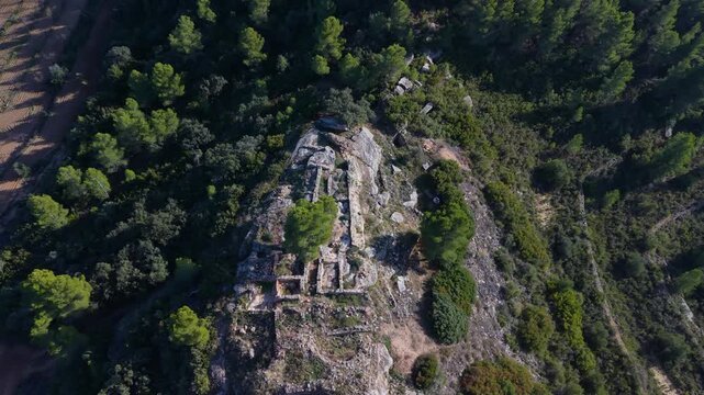 Aerial view from a drone of the Iberian Village of Els Castellans between Cretas and Calaceite in the Matarra&ntilde;a region, Teruel Province, Aragon Autonomous Community, Spain, Europe