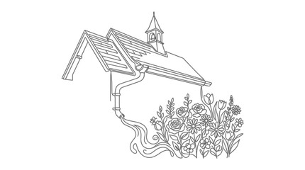 Naklejka premium Charming Line Art of a House with Gutter Spilling Flowers and Plants