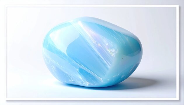 Smooth Blue Opal Gemstone with Swirling White Inclusions on White Background.