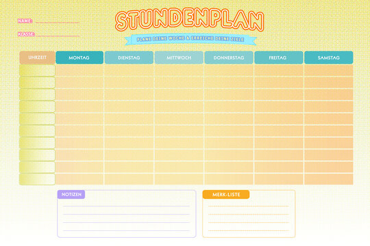 Deutsche Wochenplan-Vorlage in frischen Fr&uuml;hlingsfarben. Stundenplan f&uuml;r die Schule oder Arbeitsplatz in gelb u. gr&uuml;n